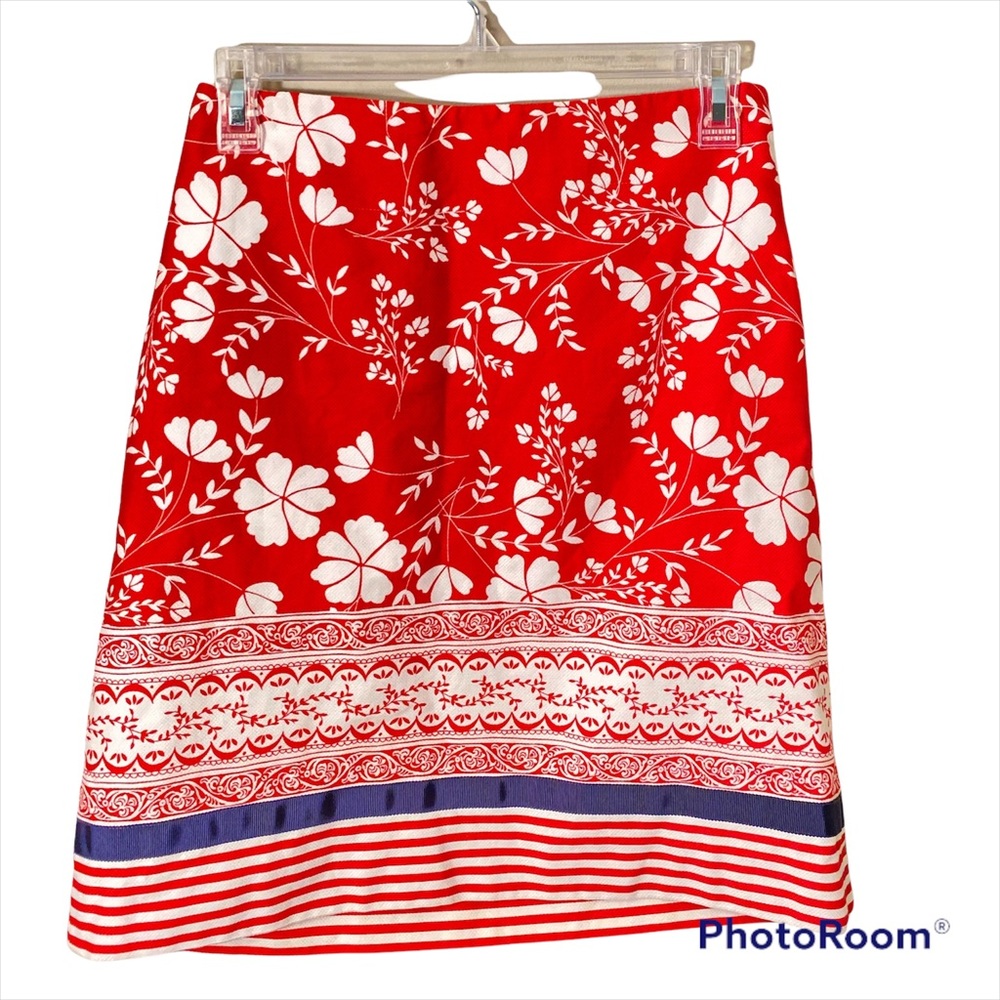 LOFT Ann Taylor Pencil Skirt Size 2 Red White Floral Stripe Nautical Preppy